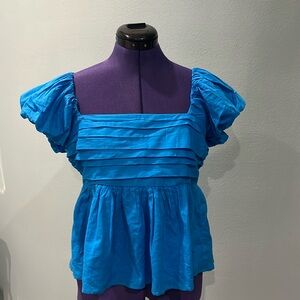 Abercrombie and Fitch Puff Sleeve Pleated Peplum Top 100% Cotton Turquoise Small